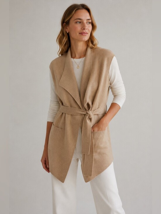 Very Fine Sweaters - 🤎 Fine Low Gauge 100% Wool Draped Belted Sweater Vest Cardigan Beige